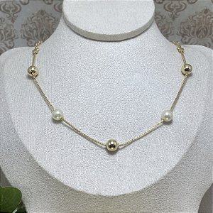 Colar Bolas e Pérolas Semijoia Ouro