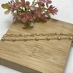 Pulseira Dupla Elos e Bolinhas Semijoia Ouro