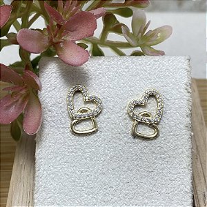 Brinco Duplo Coração Semijoia Ouro