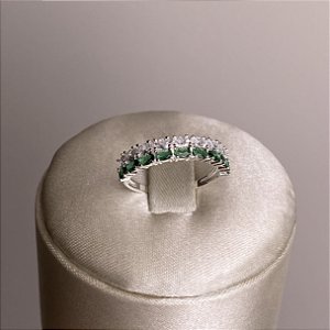 Anel Meia Aliança Esmeralda / Cristal Prata 925