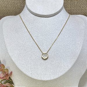 Colar Coração Cravejado Rebaixado Semijoia Ouro