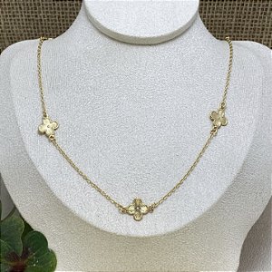 Colar Longo 5 Trevos Frisados Semijoia Ouro