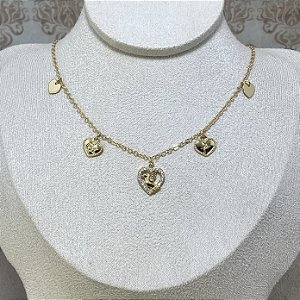 Colar 5 Coraçôes c/ Pombinha Semijoia Ouro
