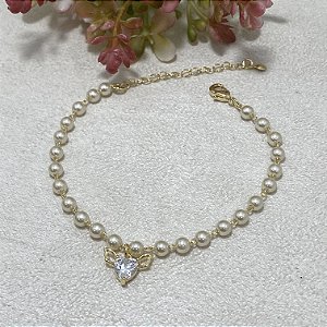 Pulseira Pérola Coração c/ Asas Semijoia Ouro