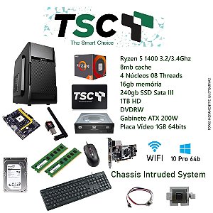 Desktop TSC GOV102 AMD Ryzen 5 1400 A320 16GB 2400Mhz 240GB ST3 SSD HD 01TB Wifi DVDRW 200w W10P Teclado Mouse Led 23