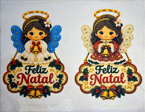 Plaquinha Duo de Anjinhos Feliz Natal "Coleção Costurados a mão"