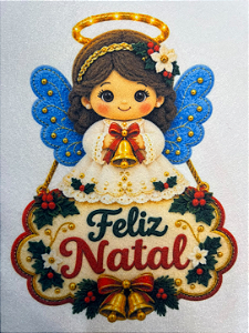 Plaquinha Anjinho Feliz Natal Azul "Coleção Costurados a mão"