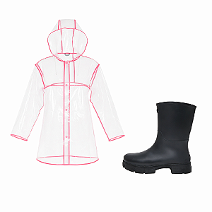 Kit Galocha Preta Cano Médio Solado Tratorado + Capa de Chuva Cristal/Rosa