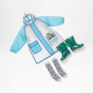 Kit Galocha Infantil Dino com Led + Capa de Chuva Azul Com Capuz + Meia Divertida