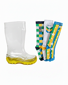 Kit Galocha Transparente com Solado Amarelo + 3 Meia 3/4 Brasil