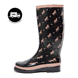 Galocha Horse - Bota Feminina Impermeável Slim Estampada Preto Matte Cavalos