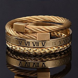 Pulseira Masculina Banhada a Ouro 18K Kit 3 em Aço Inox Cirúrgico