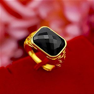 Anel Masculino Banhado a Ouro 18K Ajustável com Pedra Preta Ônix Fusion Frete Grátis