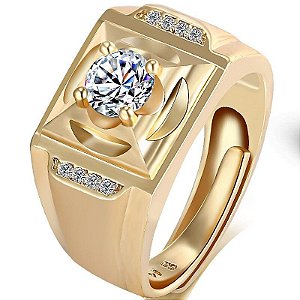 Anel Masculino Banhado a Ouro 18K Pedra Zircônia Ajustável Frete Grátis