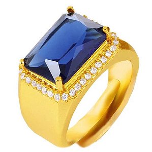 Anel Masculino Banhado a Ouro 18K Ajustável com Pedra Azul Safira Fusion e Zircônias