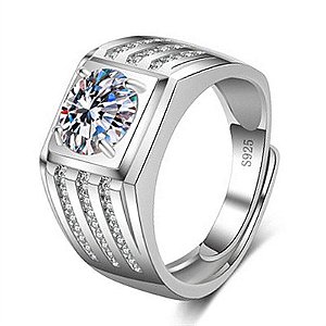 Anel Masculino Banhado Prata Esterlina 925 Ajustável com Pedra Zircônia Frete Grátis