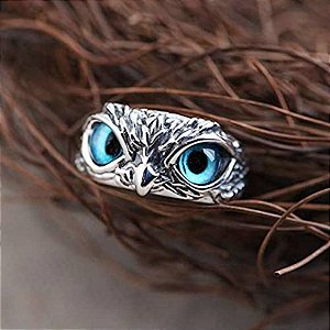Anel Banhado Prata 925 Ajustável Coruja Blue Eyes Owl