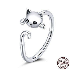 Anel Banhado Prata 925 Ajustável Gato Adorable Moda Cats