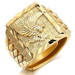 Anel Grande Masculino Banhado a Ouro 18K Ajustável Águia