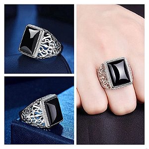 Anel Masculino Banhado Prata 925 Esterlina Ajustável com Pedra Preta Ônix Fusion
