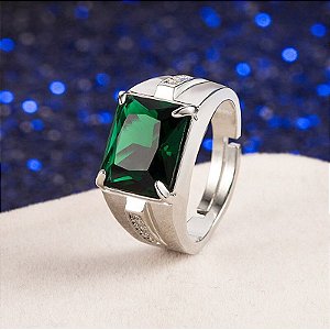 Anel Masculino Ajustável com Pedra Verde Esmeralda Fusion Luxo