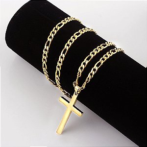 Corrente + Pingente Cruz Banhado a Ouro 18K - 60 cm