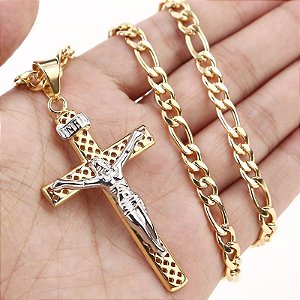 Corrente Masculina Aço Inox Banhada a Ouro 18K + Pingente Cruz - 6MM x 60CM