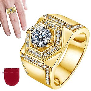 Anel Dourado Banhado a Ouro Moissanita Cravejado Zircônias Ajustável