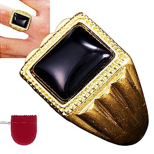 Anel Masculino Dourado Pedra Preta Banhado Regulável