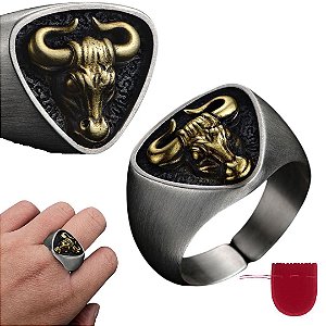 Anel Masculino Banhado Prata 925 e Dourado Touro Ajustável