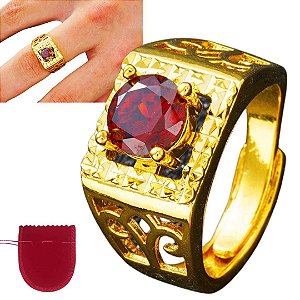 Anel Masculino Dourado Pedra Vermelha Banhado Ajustável
