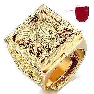 Anel Grande Masculino Águia Banhado a Ouro Ajustável