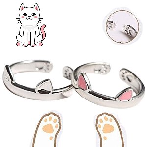 Kit  Anel Gatinhos Gato Orelha Patinhas Banhado Prata 925  Ajustável