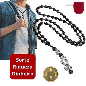 Colar Preto e Prata Riqueza Feng Shui Pixiu Amuleto Sorte Original