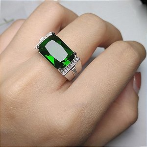 Anel Masculino Banhado Prata 925 Esterlina Pedra Verde Esmeralda Fusion com Zircônia Ajustável