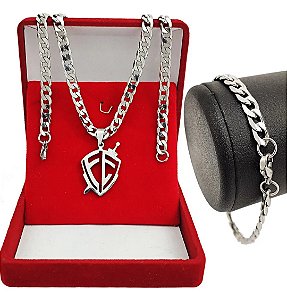 Kit Corrente Masculina Fé + Pulseira + Pingente Aço Inox
