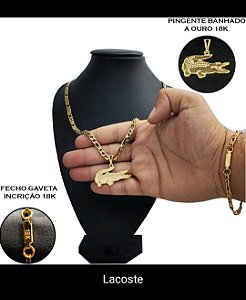 Kit Corrente Masculina + Pulseira + Pingente Lacoste Banhado a Ouro 18K