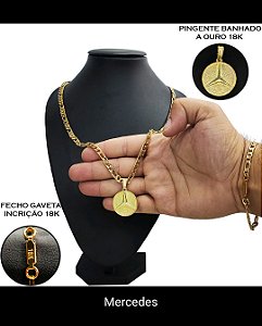 Kit Corrente Masculina + Pulseira + Pingente Mercedes Banhado a Ouro 18K