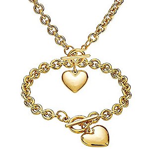 Colar Feminino e Pulseira Coração Folheado Luxo - Conjunto