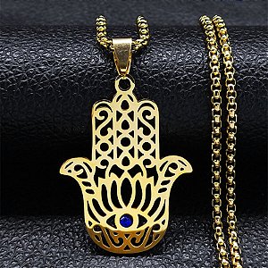 Corrente Mão de Fátima Hamsa Flor de Lótus Olho Turco