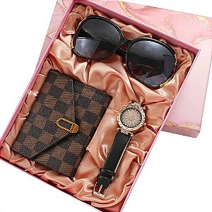 Kit Presente Relógio Feminino + Carteira + Óculos de Sol