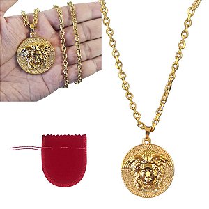 Corrente Cordão Trançado Aço Dourado Banhado a Ouro 18k + Pingente Medusa