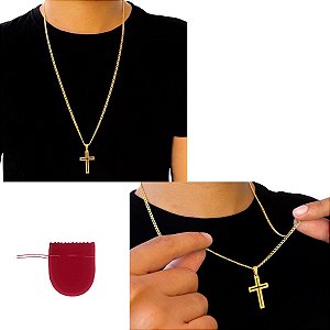 Cordão Corrente Aço Dourado Banhado a Ouro 18k + Pingente Cruz Vazada