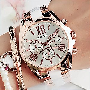 Relógio Feminino Branco Aço Inox Luxo