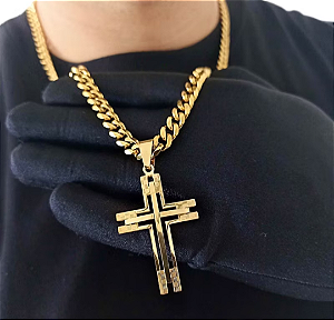 Corrente Masculina e Pingente Cruz Banhado Ouro 18K - Cordão