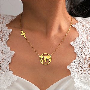 Colar Feminino Dourado Alma Viajante Globo Terrestre