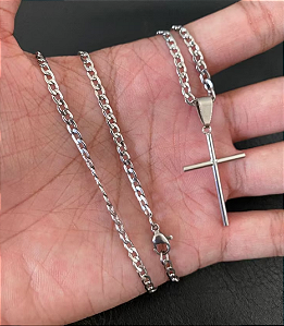 Corrente Masculina Cruz Pingente Aço Inox + Pulseira