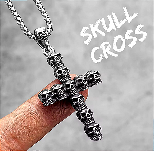 Corrente Cruz Caveiras Pingente Aço Inox Skull