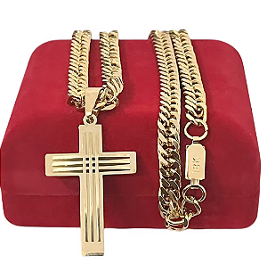 Corrente Masculina 8 mm e Pingente Cruz Banhado Ouro 18K - Cordão