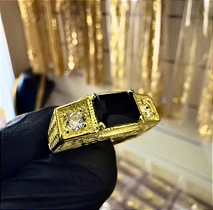 Anel de Formatura Preto Ajustável em Moeda Antiga – Pedra Ônix